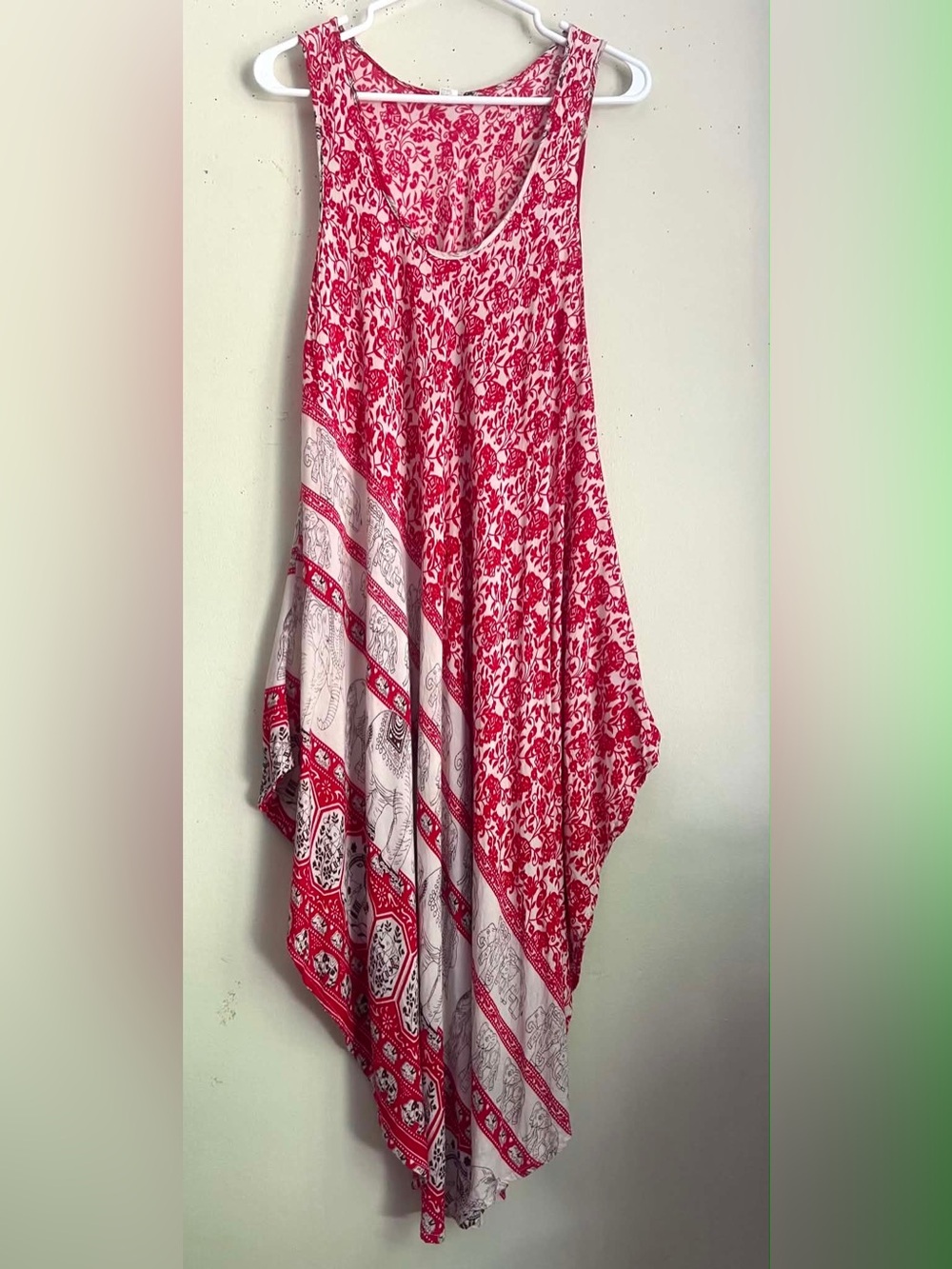 Champagne Red and White Printed Handkerchief Hem Dress